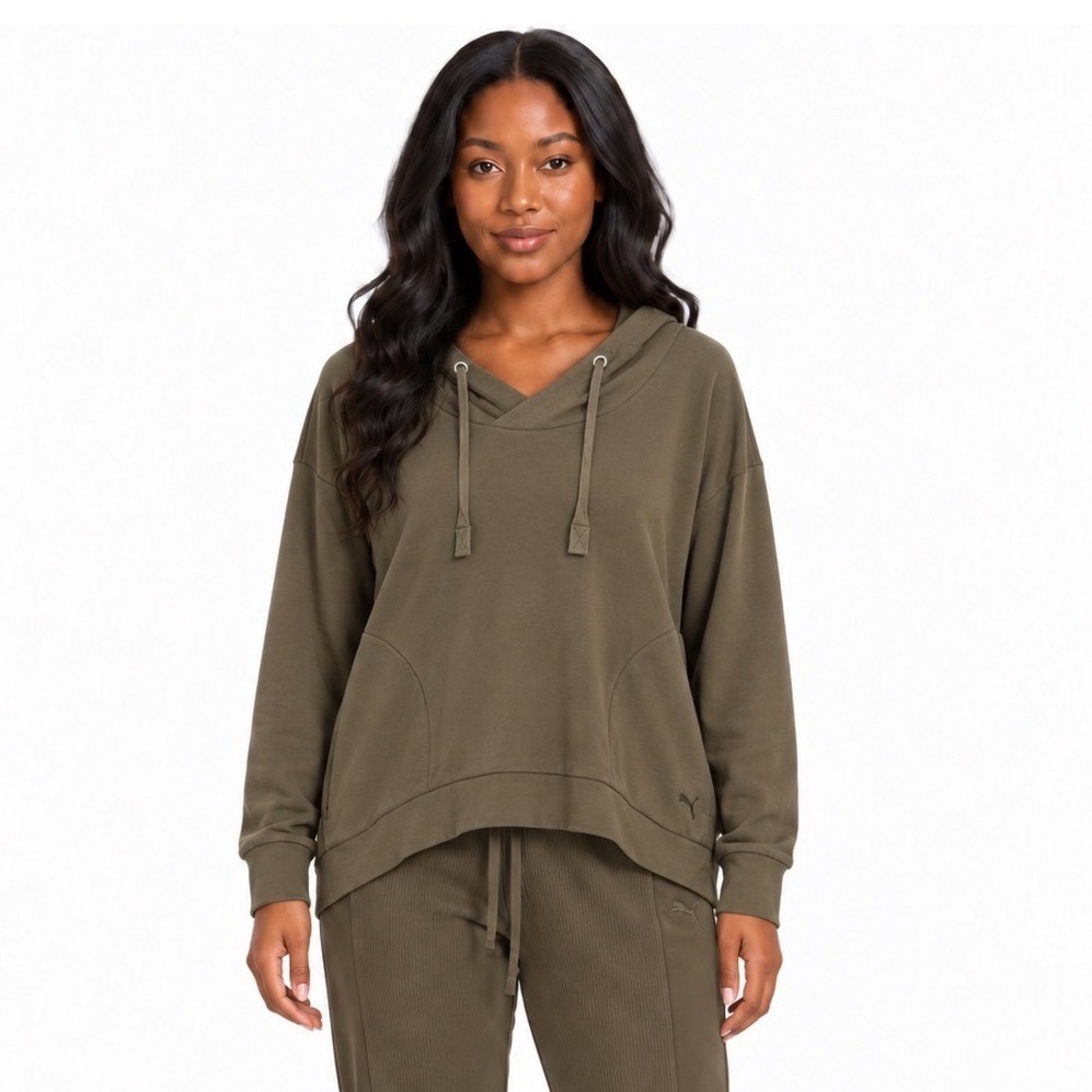 Puma Olive Green Crossover V-Neck Pullover Hoodie Sweatshirt S Streetwear 114-37